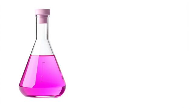 Erlenmeyer flask contains a bright pink liquid against a dark backdrop, ideal for science, medicine, or pharmaceutical designs, transparent background