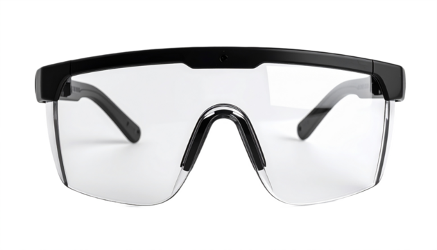 Protective eyewear in black is isolated, offering safety, clear vision, and a modern style for various industrial applications, transparent background