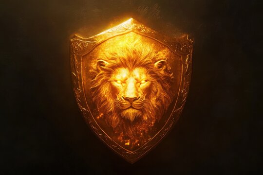 Majestic golden lion emblem on a shield with a dramatic glowing background - Powered by Adobe