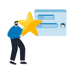Illustration of a businessman holding a big star to give a review into a tablet that displays employee statistics in the concept of employee satisfaction.