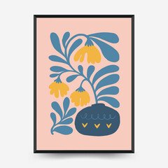 Abstract floral posters template. Modern trendy Matisse minimal style. Pink and blue colors. Hand drawn design for wallpaper, wall decor, print, postcard, cover, template, banner.