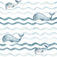 Watercolor Marine kids seamless pattern with blue Whales family, adult and child swimming in Ocean waves. Hand drawn illustration for kids wallpaper, textile and packaging prints.