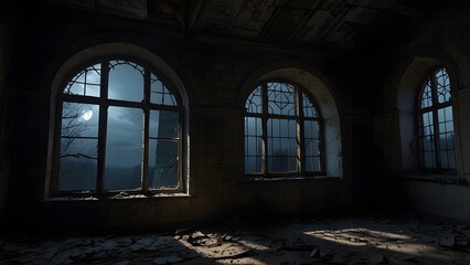 Abandoned room with arched windows overlooking a moonlit forest and ruins