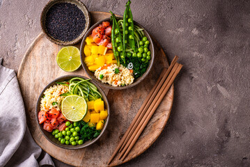 Healthy bowl with salmon and vegetables