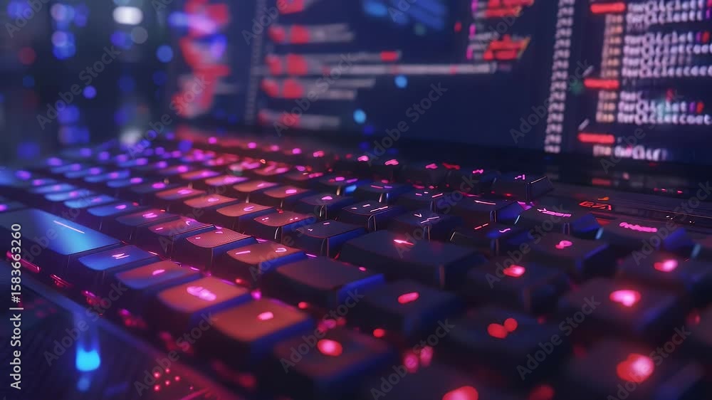 Poster a close-up view of a vibrant backlit keyboard showcasing a spectrum of colors against a digital code