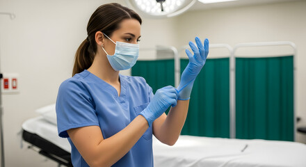 Nurse Putting on Gloves in Operating Room