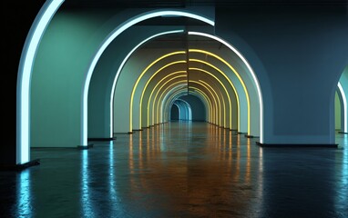 Obraz premium A long corridor with arches made of orange neon lights, high resolution, high quality, background for design, high detail, hyperrealism, photo taken from the front and in full height, 