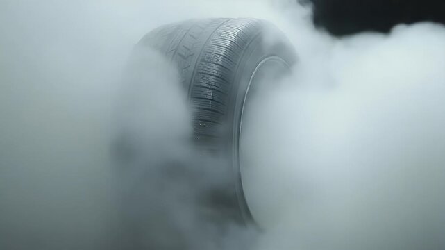 High-energy close-up of a spinning tire surrounded by thick smoke, highlighting the intricate tread design in a dark environment.
