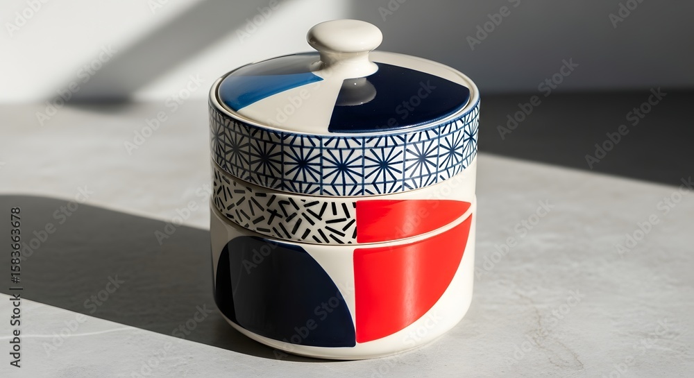 Poster a ceramic container with lid featuring geometric patterns in blue red and white on a light surface
