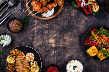 Assortment of grilled bbq meat and vegetables
