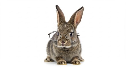 Obraz premium Cute gray rabbit wearing spectacles against bright white background. AI Generated