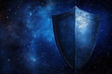 A metallic shield floating in a cosmic background filled with stars and nebulae at night