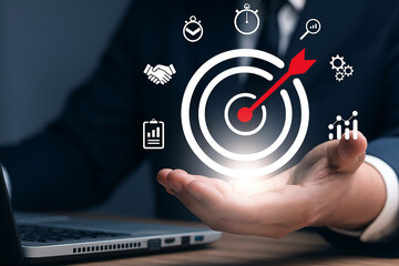 Businessman Holding Target Icon Illustrating Goal Achievement and Productivity Strategy for Marketing