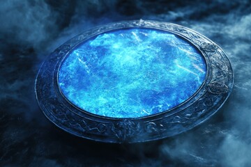 A mystical blue portal reflecting an enchanting atmosphere with swirling mist and dark textures