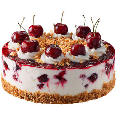 Delicious cherry cheesecake topped with whipped cream and nuts isolated on transparent background