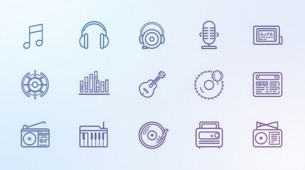 Collection of musical icons, including instruments, sound equipment, and symbols arranged in a row