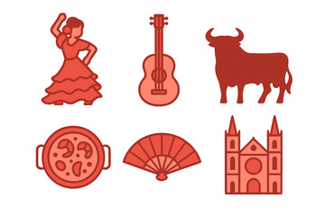 Spanish icons in light and dark red shades: flamenco dancer, guitar, bull, paella, fan, cathedral. Flat cartoon style on transparent.