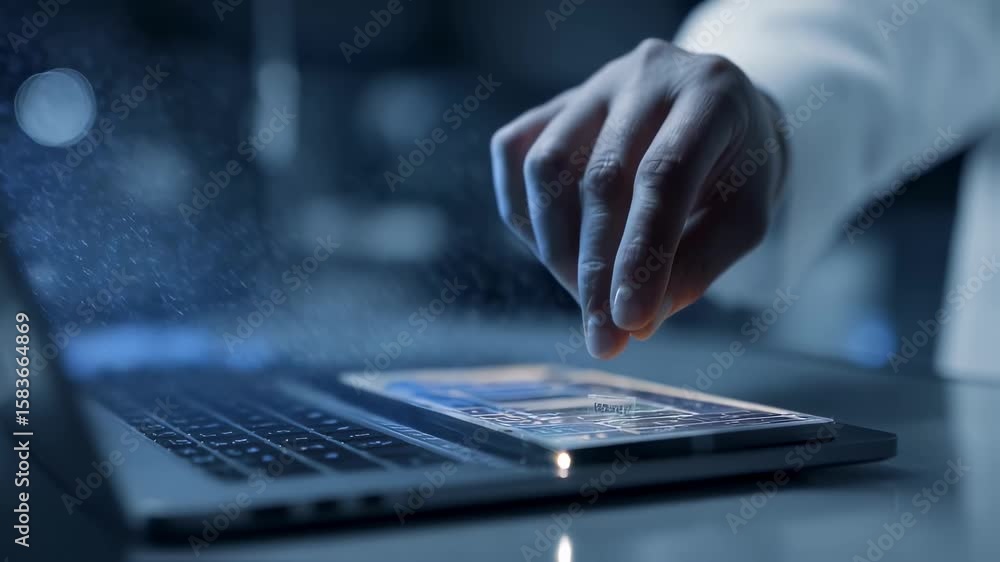 Poster scientist is inserting a microchip into a laptop, triggering a vibrant stream of digital data, symbo
