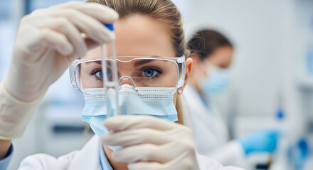 Fototapeta premium Focused Female Scientist Examining Test Tube in Lab