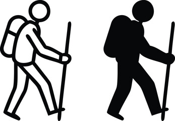 Hiking Person Icon Set – Black and White Trekker with Backpack and Walking Stick Vector