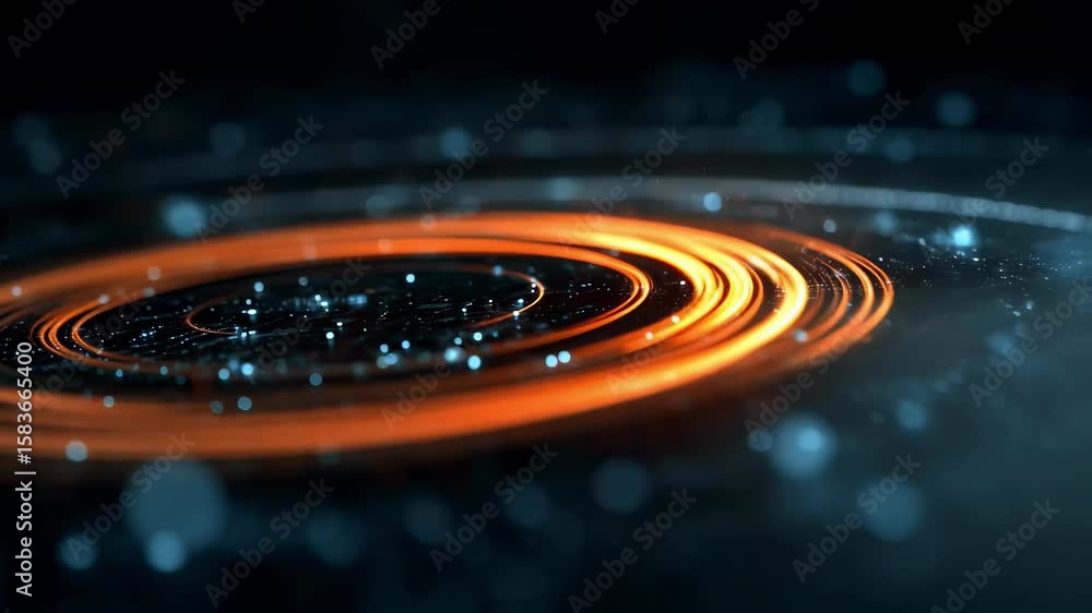 Poster orange light trails are spinning and creating concentric circles with bokeh effect, suggesting innov