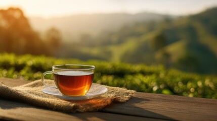 The tranquil cup of tea overlooking a beautiful natural landscape.
