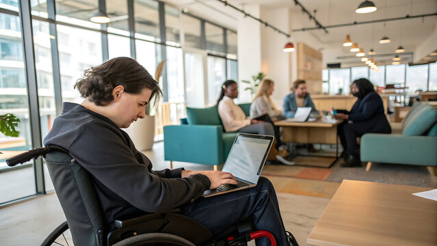 Happy disabled businesspeople in wheelchairs working together on laptops in a corporate office meeting