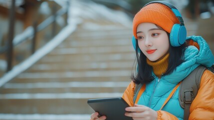 Young woman with headphones and tablet on snowy stairs