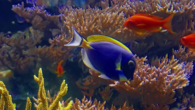 Brightly colored exotic fish swim between corals on the seabed