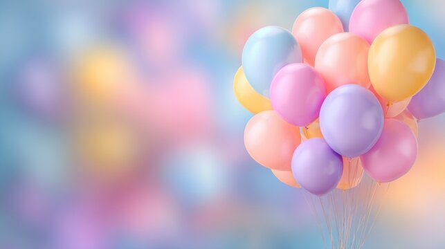 Pastel balloons drift on a dreamy, blurred background with vibrant hues