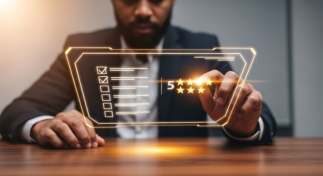 Man giving a five star rating on a digital interface great feedback - Powered by Adobe