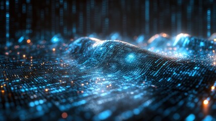 Abstract digital wave, glowing code, dark background