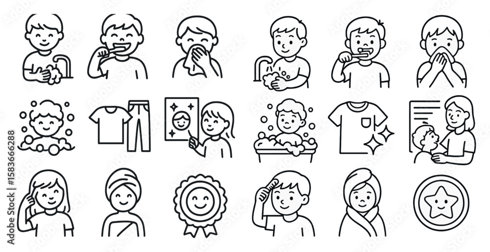 Poster set of cartoon characters that are all smiling and doing different things like brushing their teeth,