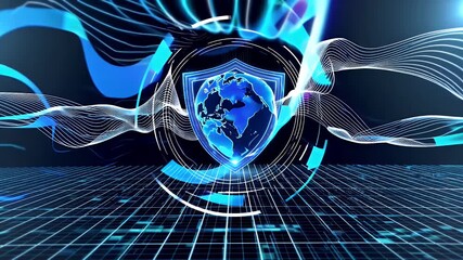 digital interface animation with a glowing blue shield representing secure cyber networks and big data flow designed to illustrate information protection and advanced security technology concepts - Powered by Adobe