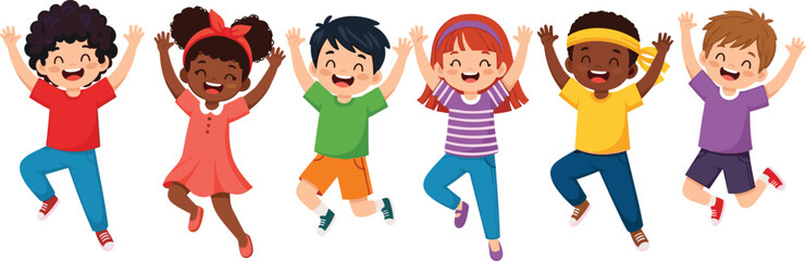 Happy Multicultural Kids Jumping: Cheerful Diverse Children Celebrating Joy and Playfulness with Arms Raised on White Background