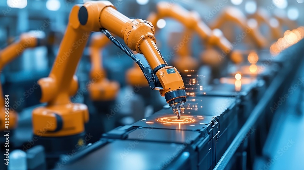 Aufkleber automated production line with orange robots working on a conveyor belt