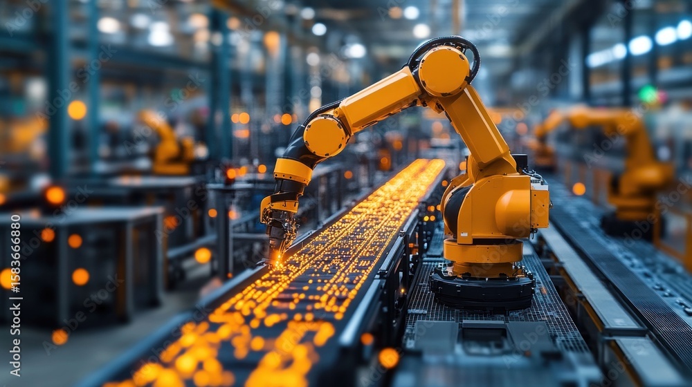 Aufkleber automated factory line with glowing circuit boards and robotic arm