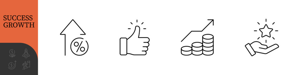 Success and Growth Editable Icons set. Vector illustration in modern thin line style of business icons: personal, professional, and financial growth, progress, career. Pictograms and infographics
