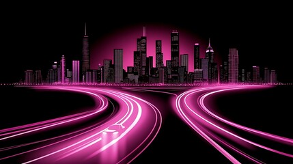 Pink neon highway leading to a city skyline at night