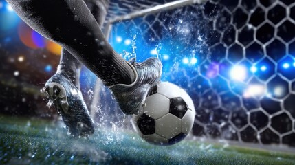 The powerful kick of a soccer ball in dynamic action during an exciting game.