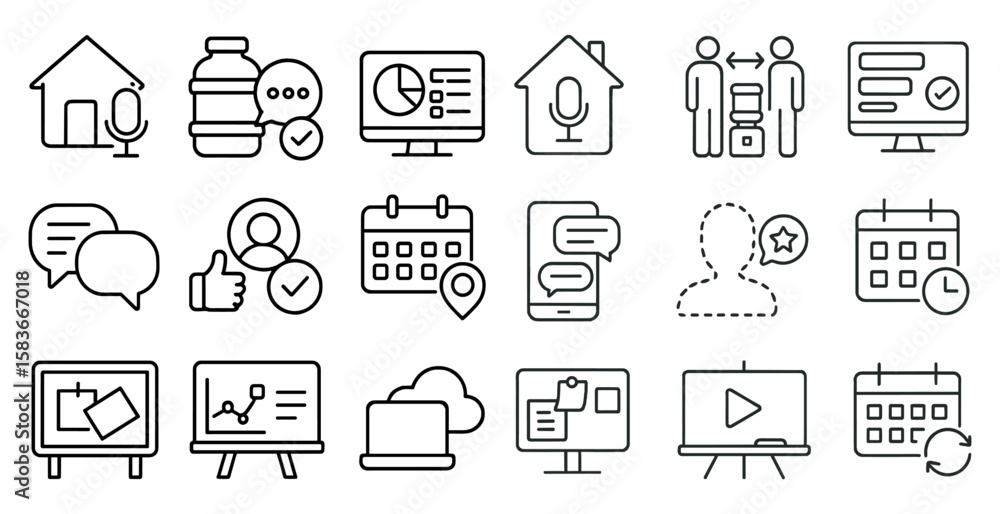 Poster set of icons for a computer program. the icons include a calendar, a laptop, a microphone, a house, 