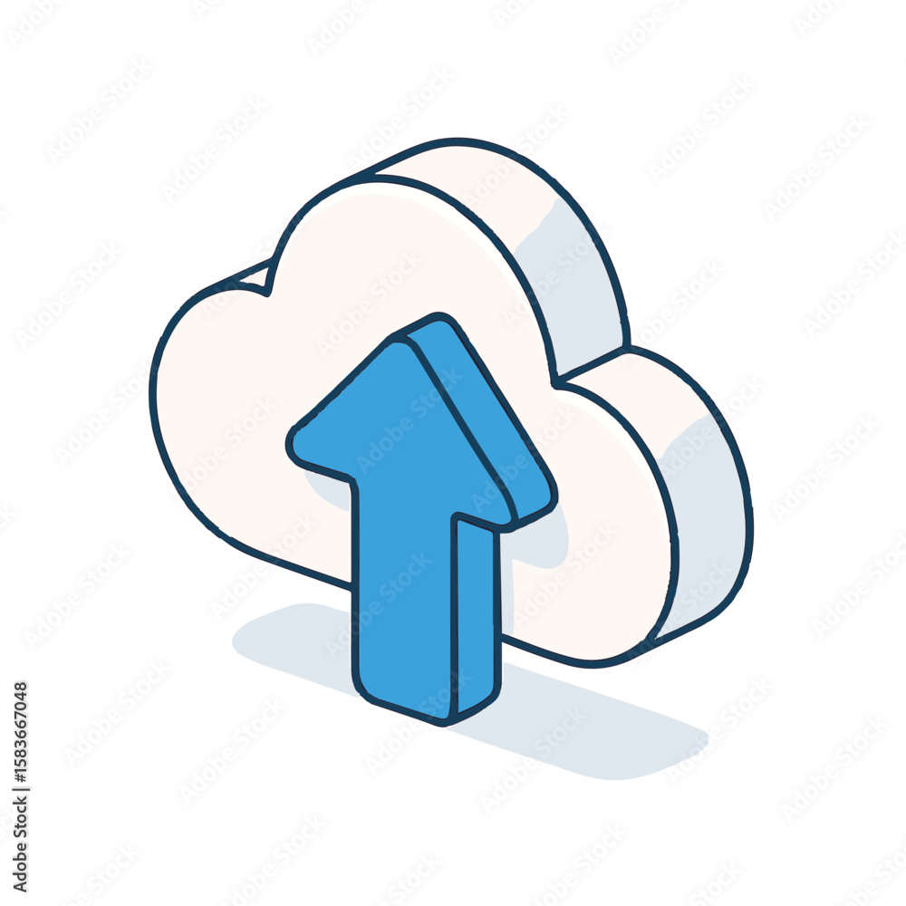 Poster cloud upload icon showcasing modern digital technology isometric icons on transparent backdrop.