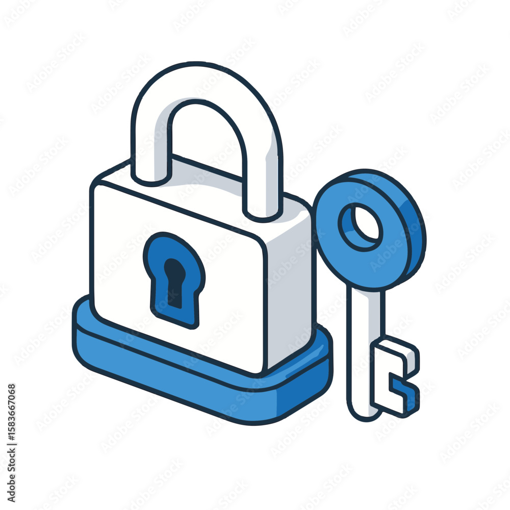 Aufkleber lock and key icons in isometric view with modern digital symbols on transparent backdrop, portraying