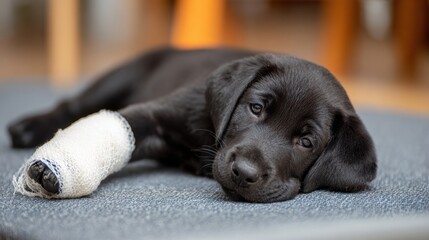 Puppy Recovering With a Broken Paw in a Cast Resting on a Soft Mat Indoors