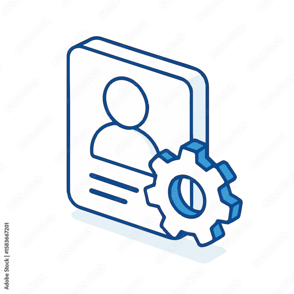 Poster user settings icon showing profile and gear in outline style. this user settings element indicates c