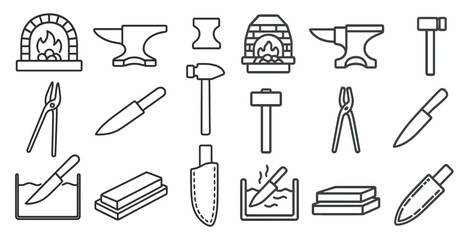 Collection of tools and utensils, including knives, hammers, and scissors. Concept of craftsmanship and manual labor