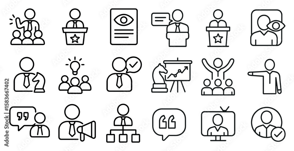 Poster set of icons depicting various people in business settings. the icons include a man in a suit with a