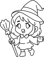 Chibi Witch Girl Halloween Costume Coloring Page