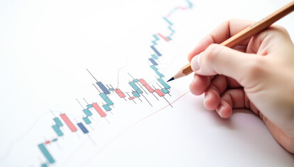 close-up of a hand drawing a trading chart with a pencil