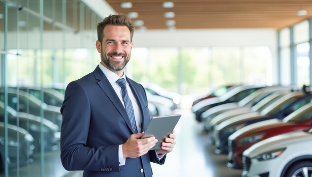 a successful businessman with a tablet in his hands at a car dealership